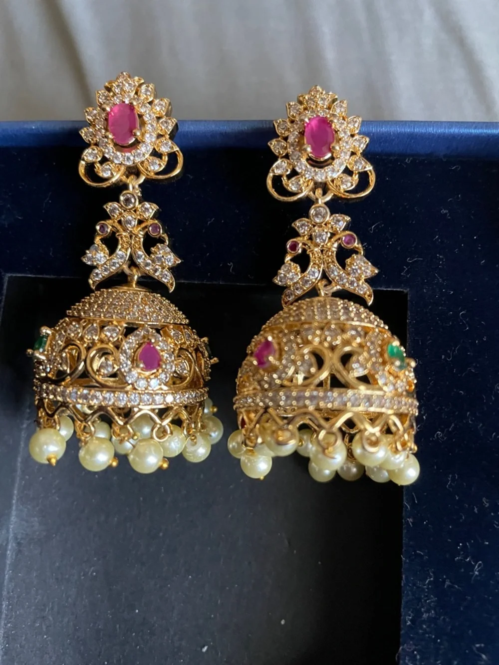 Gold-Tone Pink Stone Jhumka Earrings with Pearl Drops